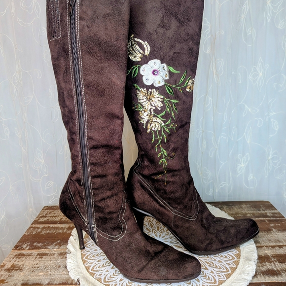 "Splash" Brown Embellished & Embroidered Floral Heeled Boots - Picture 4 of 12